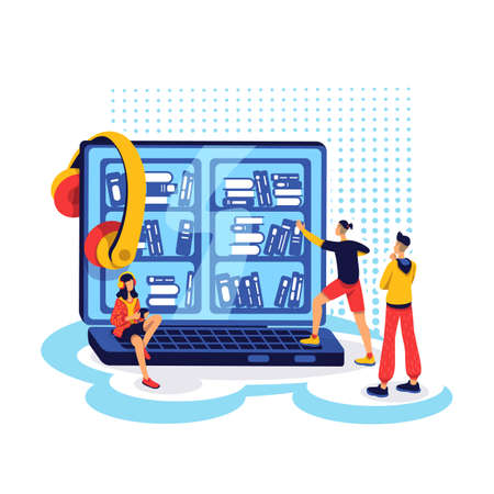 Ebook library flat concept vector illustration. People pick audio books on computer. Educational online platform. Readers 2D cartoon characters for web design. Audiobook platform creative ideaのイラスト素材