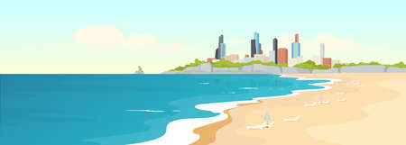 Sandy urban beach flat color vector illustration. Sea shore and modern buildings. Marine city view. Summertime recreation. Ocean coast 2D cartoon landscape with skyscrapers on backgroundのイラスト素材