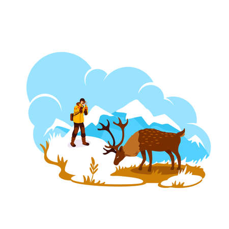Photography in Alaska 2D vector web banner, poster. Deer on mountain peak. Wildlife photographer flat characters on cartoon background. Elk natural habitat printable patch, colorful web elementのイラスト素材