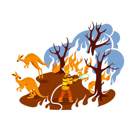 Save burning forest 2D vector web banner, poster. Fire in jungle. Firefighter in Australian woods flat characters on cartoon background. Wildfire printable patch, colorful web elementのイラスト素材