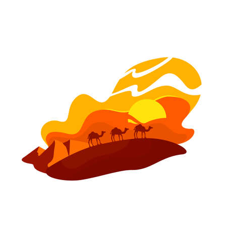 Camels walk in dunes 2D vector web banner, poster. Summer in Morocco. Sahara wildlife. Egyptian sands flat scenery on cartoon background. Arabian caravan printable patch, colorful web elementのイラスト素材