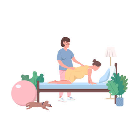 Midwife with woman flat color vector faceless characters. Alternative childbirth at home. Professional doula. Childbearing isolated cartoon illustration for web graphic design and animationのイラスト素材