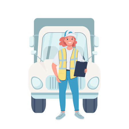 Woman truck driver flat color vector detailed character. Gender equality at workplace. Cheerful female trucker with vehicle isolated cartoon illustration for web graphic design and animationのイラスト素材