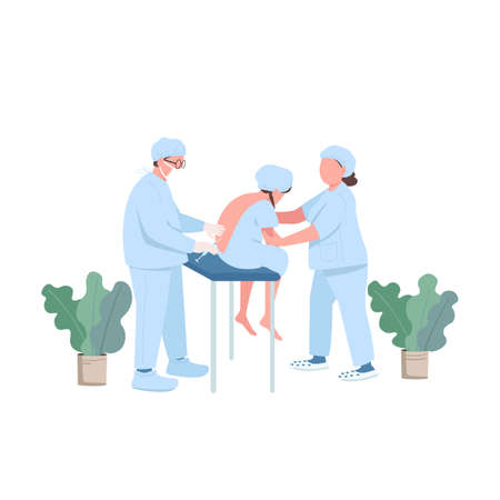 Pregnant patient flat color vector faceless character. Treatment for pain release. Prenatal care. Doctor in clinic. Spinal injection isolated cartoon illustration for web graphic design and animationのイラスト素材