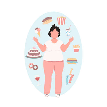 Obese woman flat color vector faceless character. Overweight girl in pink pants with unhealthy diet. Junk food. Bad eating habits isolated cartoon illustration for web graphic design and animationのイラスト素材