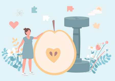 Fitness for women flat concept vector illustration. Nutrient diet. Exercise for physical wellness. Healthy woman 2D cartoon character for web design. Female lifestyle creative ideaのイラスト素材