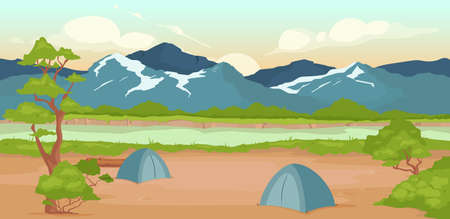 Campground flat color vector illustration. Wild river bank. Recreation in nature. Summertime active leisure. Hiking journey. Tents 2D cartoon landscape with rocky mountains on backgroundのイラスト素材