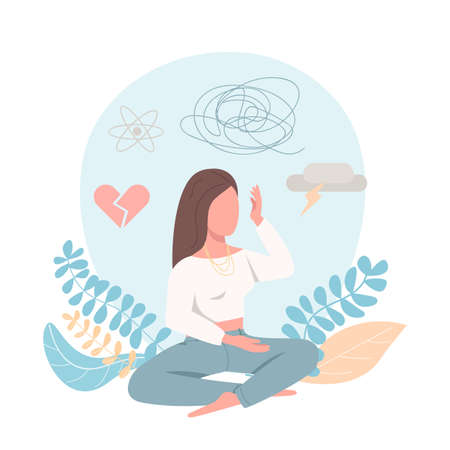 Sad female flat color vector faceless character. Frustrated woman. Mental health problem. Psychological distress. Depression isolated cartoon illustration for web graphic design and animationのイラスト素材