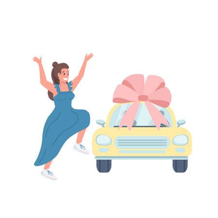 Female car winner flat color vector detailed character. Automobile with bow. Woman excited for new vehicle. Luxury present isolated cartoon illustration for web graphic design and animationのイラスト素材
