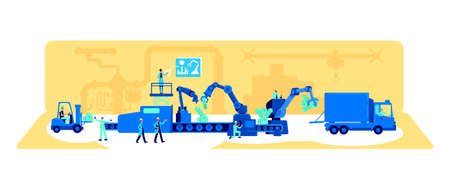 Factory production process flat concept vector illustration. Machinery automation. Manufacturing workforce 2D cartoon characters for web design. Conveyor belt workflow creative ideaのイラスト素材