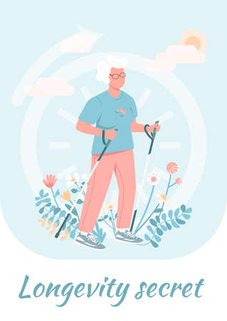 Longevity secret poster flat vector template. Elderly woman exercise for wellbeing. Brochure, booklet one page concept design with cartoon characters. Women health care flyer, leafletのイラスト素材