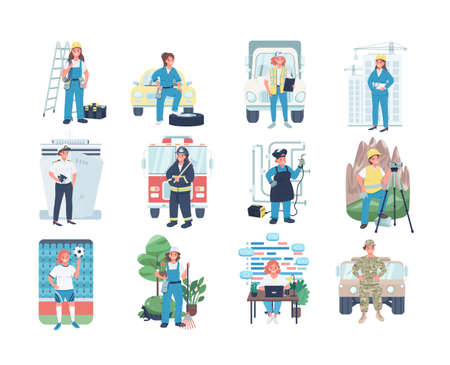 Women employment flat color vector detailed characters set. Gender equality. Non traditional female...