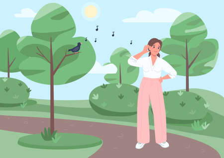 Listen to songbird flat color vector illustration. Woman listen to bird in park. Walk in urban garden. Recreation and calmness. Happy girl 2D cartoon character with landscape on backgroundのイラスト素材