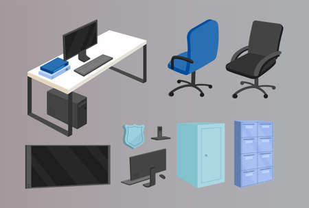 Office furniture flat color vector objects set. Police department, business company furnishing. Workplace interior elements isolated cartoon illustrations pack for web graphic design and animationのイラスト素材
