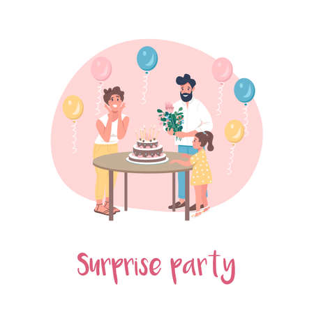 Birthday celebration 2D vector web banner, poster. Surprise party phrase. Happy family flat characters on cartoon background. Festive event at home printable patch, colorful web elementのイラスト素材