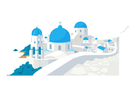 Santorini buildings flat color vector object. Traditional Greek white houses with blue roofs European culture isolated cartoon illustration for web graphic design and animationのイラスト素材