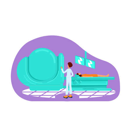 Tomography flat concept vector illustration. Hospital treatment. Check in clinic with screening machine. Doctor with patient 2D cartoon characters for web design. Health care diagnostic creative ideaのイラスト素材