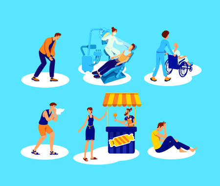 Patient and doctor flat color vector faceless character set. Unwell man. Sick woman. Health care examination isolated cartoon illustration for web graphic design and animation collectionのイラスト素材
