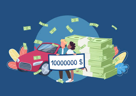 Lottery winners holding big money check flat concept vector illustration. Happy millionaires couple with pile of money and car 2D cartoon characters for web design. Victory and fortune creative ideaのイラスト素材