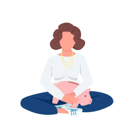 Woman holding piggy bank flat color vector faceless character. Lady making savings. Businesswoman sitting with money box isolated cartoon illustration for web graphic design and animationのイラスト素材