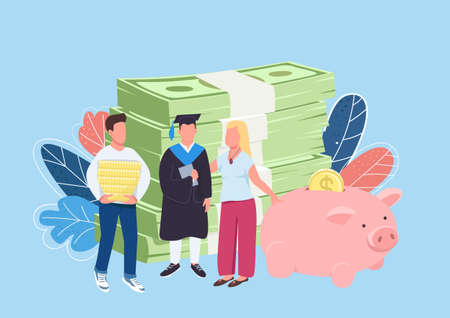 Parents savings for child education flat concept vector illustration. Financial support. Education costs. Student with family 2D cartoon characters for web design. Tuition payments creative ideaのイラスト素材