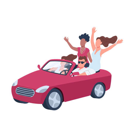 Attractive man in car surrounded by girls flat color vector faceless character. Young people hanging out. Guy in red cabriolet isolated cartoon illustration for web graphic design and animationのイラスト素材