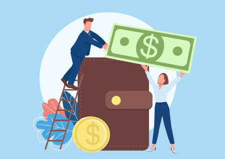 People filling wallet with money flat concept vector illustration. Man and woman making savings. Business people. Millionaires 2D cartoon characters for web design. Family budget creative ideaのイラスト素材