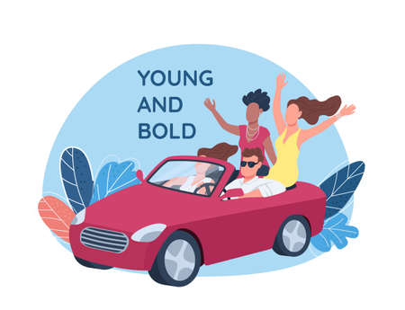 Young people driving red convertible car 2D vector web banner, poster. Young and bold phrase. Flat characters on cartoon background. Rich lifestyle printable patch, colorful web elementのイラスト素材