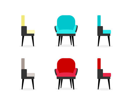 Chairs flat color vector objects set. Armchairs front and side views. Office and home furniture. Living room furnishing isolated cartoon illustration for web graphic design and animation collectionのイラスト素材