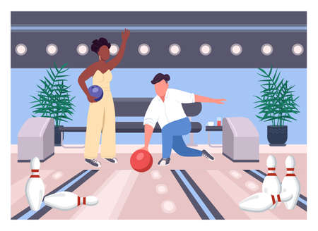 Bowling date flat color vector illustration. Friends play game together. Weekend fun pastime for man and woman. Interracial couple 2D cartoon characters with game center interior on backgroundのイラスト素材