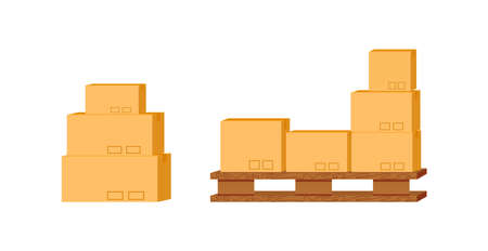 Warehouse cardboards flat color vector object set. Pile of boxes on forklift pallet. Cargo delivery. Parcel storage isolated cartoon illustration for web graphic design and animation collectionのイラスト素材