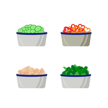 Cut vegetables in plates flat color vector object set. Fresh food in containers. Culinary ingredients. Grocery variety isolated cartoon illustration for web graphic design and animation collectionのイラスト素材