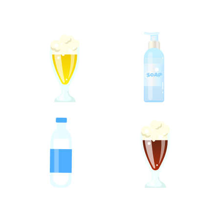 Beverages flat color vector objects set. Craft beer glasses. Light and dark beer. Liquid soap bottle. Milk. Drinks isolated cartoon illustration for web graphic design and animation collectionのイラスト素材