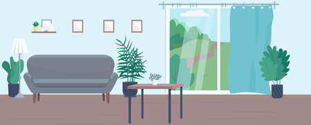 Empty living room flat color vector illustration. Contemporary home 2D cartoon interior decor with furniture on background. Comfortable accommodation furnishing, cozy apartment with no peopleのイラスト素材