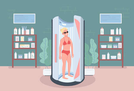 Solarium flat color vector illustration. Stand up sunbed. Spa salon equipment for procedures. Woman using indoor tanning in beauty center 2D cartoon character with furniture on backgroundのイラスト素材