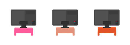 Television back flat color vector objects set. TV on colorful tables. Wide telly screen backside....