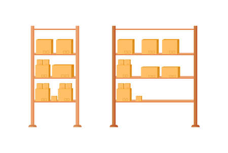 Warehouse shelves flat color vector object set. Cardboard boxes on shelf for distribution. Merchandise for shipment isolated cartoon illustration for web graphic design and animation collectionのイラスト素材