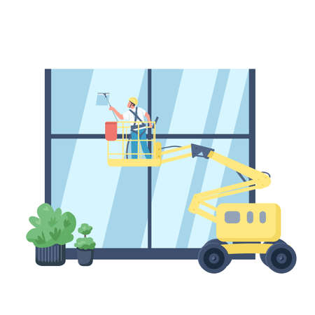 Window cleaner flat color vector faceless character. Janitor on lift washing building exterior isolated cartoon illustration for web graphic design and animation. Commercial janitorial serviceのイラスト素材