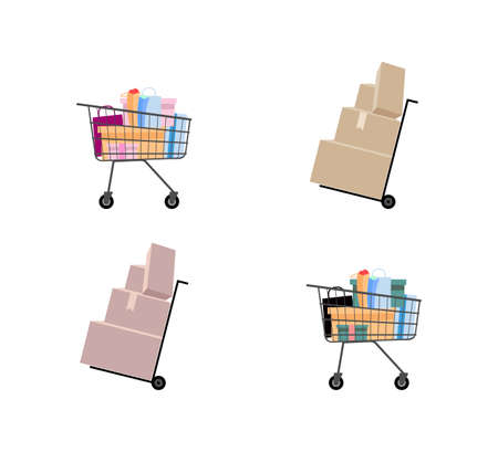 Hand truck and supermarket trolley flat color vector objects set. Dolly with cardboard packages. Shopping cart. Isolated cartoon illustration for web graphic design and animation collectionのイラスト素材