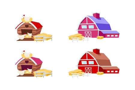 Barns and chicken coops flat color vector objects set. Red sheds with hay. Chicken at henhouse. Farming isolated cartoon illustration for web graphic design and animation collectionのイラスト素材