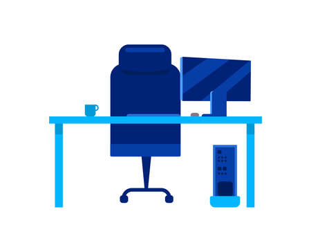 Office working place flat color vector object. Office desk with personal computer and chair. Company furniture. Workplace isolated cartoon illustration for web graphic design and animationのイラスト素材