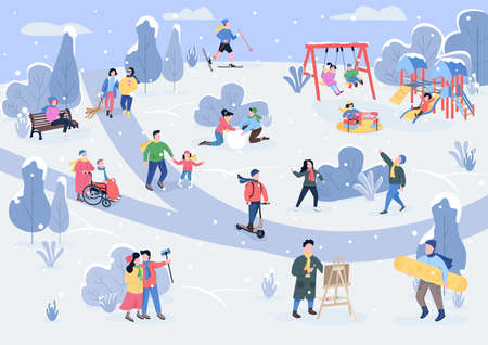 Rest in winter park flat color vector illustration. Children playing with snow. Enjoyment. Outdoor recreation area with visitors in winter 2D cartoon characters with snowy trees on backgroundのイラスト素材