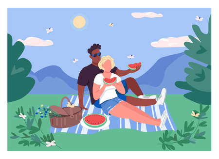 Summer couple picnic flat color vector illustration. African man and caucasian woman eat watermelon. Romantic getaway. Interracial couple 2D cartoon characters with landscape on backgroundのイラスト素材