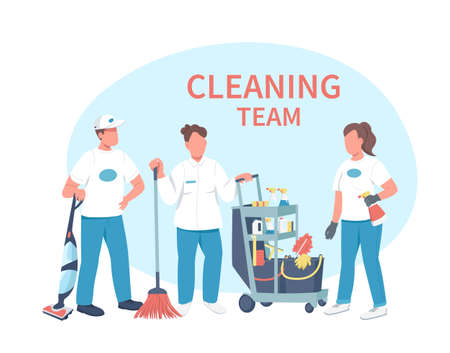 Janitorial service flat color vector faceless characters. Professional housekeeping staff with equipment isolated cartoon illustration for web graphic design and animation. Cleaning team phraseのイラスト素材