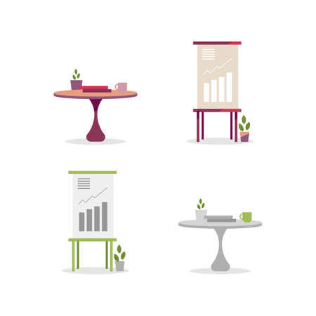 Statistics boards and tables flat color vector objects set. Office furniture and supplies. Business interior isolated cartoon illustration for web graphic design and animation collectionのイラスト素材