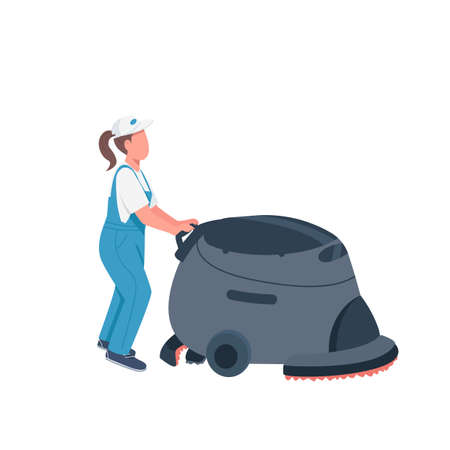 Janitor with cleaning machine flat color vector faceless character. Female cleaner in workwear isolated cartoon illustration for web graphic design and animation. Commercial cleaningのイラスト素材