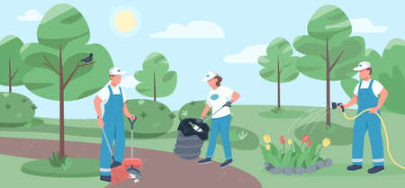 Community work flat color vector illustration. Janitorial team 2D cartoon characters with park on background. Cleaning service, environmental cleanup. Volunteers collecting litter and watering flowersのイラスト素材