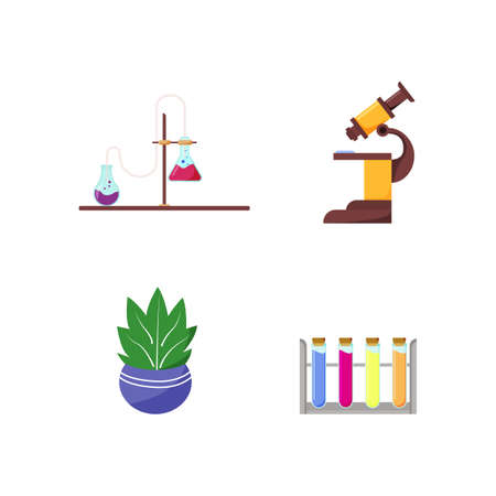 Laboratory equipment flat color vector object set. Flask with pipeline. Microscope for study. Chemistry tools isolated cartoon illustration for web graphic design and animation collectionのイラスト素材