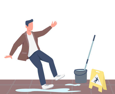 Slipped man flat color vector faceless character. Guy falling near wet floor sign isolated cartoon illustration for web graphic design and animation. Janitorial precaution, slippery surface warningのイラスト素材