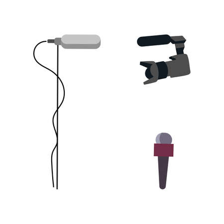 Journalist equipment flat color vector objects set. Microphones. Video recording camera. News reporter isolated cartoon illustration for web graphic design and animation collectionのイラスト素材